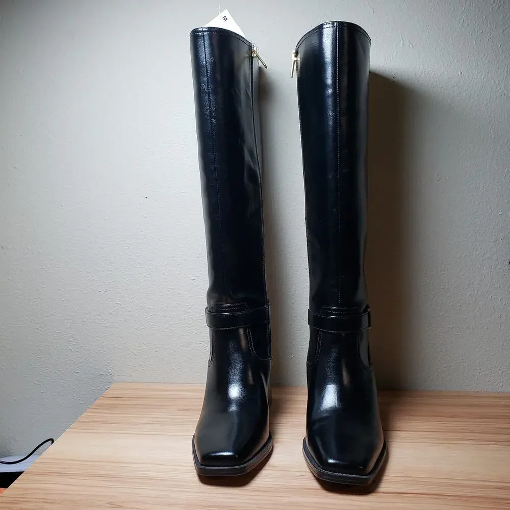 Vince Camuto Women's 8.5 Sherea Faux‎ Leather Tall Riding Boots Black Equestrian